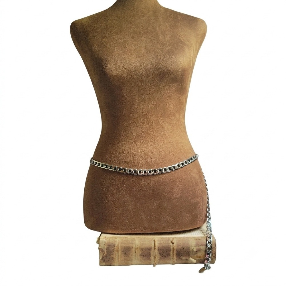 Silver Curb Chain Link Adjustable Waist Belt Y2K